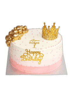 Pink and gold princess crown birthday cake decorated with a luxury gold crown topper, gold spheres, edible pearl details and personalised birthday message.