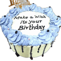 stylish Egg Free Blue Chocolate Drip Birthday Cake decorated with blue piping, chocolate drip, edible pearls and a personalised cake topper. Freshly made to order in Sheffield for birthdays and special celebrations.