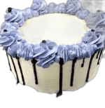 Egg Free Blue Chocolate Drip Birthday Cake with blue piping, edible pearls, birthday topper and personalised message in Sheffield