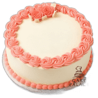 Round White Birthday Cake with Pink Rose Decoration