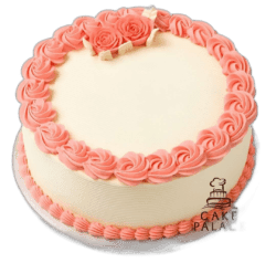 Round White Birthday Cake with Pink Rose Decoration
