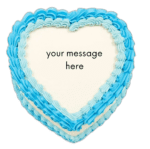 Top view of a blue heart celebration cake featuring elegant blue piped frosting around a white centre ready for a custom birthday message.