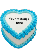 Blue heart-shaped birthday cake with smooth white icing, vibrant blue piped borders, and space for a personalised celebration message.