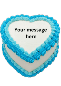 Blue heart-shaped birthday cake with smooth white icing, vibrant blue piped borders, and space for a personalised celebration message.