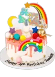 Personalised Rainbow Unicorn Birthday Cake decorated with rainbow, unicorn figurine, colourful drip finish, clouds, stars and birthday message.