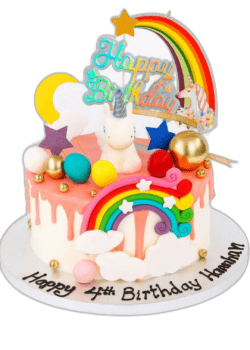 Personalised Rainbow Unicorn Birthday Cake decorated with rainbow, unicorn figurine, colourful drip finish, clouds, stars and birthday message.