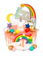 Colorful unicorn birthday cake with pink drip design, rainbow topper, unicorn figurine, clouds, stars, and decorative balloons, perfect for children's birthday celebrations.