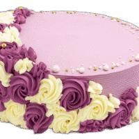 Round fresh cream celebration cake with a pastel lilac finish, purple and ivory rosettes, edible pearl sprinkles, and space for a personalised message.