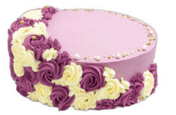 Round fresh cream celebration cake with a pastel lilac finish, purple and ivory rosettes, edible pearl sprinkles, and space for a personalised message.