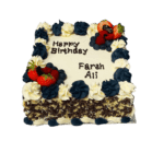 Egg Free Luxury Fresh Berry Celebration Cake decorated with fresh strawberries, blueberries, raspberries, blackberries, navy and white cream swirls, and a personalised message.