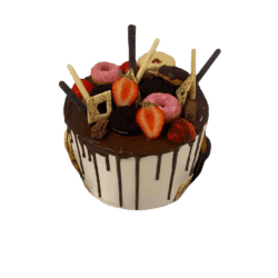 Egg Free luxury tall chocolate drip cake topped with fresh strawberries, Oreo biscuits, mini doughnuts, chocolate sticks, chocolate curls and assorted chocolate decorations.