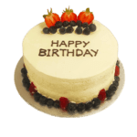 Round Egg Free berry birthday cake with a smooth cream finish, fresh strawberries, blueberries and a custom message.