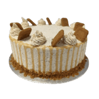 Egg Free Biscoff drip celebration cake decorated with Biscoff biscuits, Biscoff cream swirls, Biscoff crumb coating and Biscoff drip.
