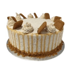 Egg Free Biscoff drip celebration cake decorated with Biscoff biscuits, Biscoff cream swirls, Biscoff crumb coating and Biscoff drip.