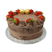 Egg Free Ferrero Strawberry Celebration Cake decorated with fresh strawberries, Ferrero chocolates and chocolate cream swirls.