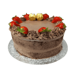 Egg Free Ferrero Strawberry Celebration Cake decorated with fresh strawberries, Ferrero chocolates and chocolate cream swirls.