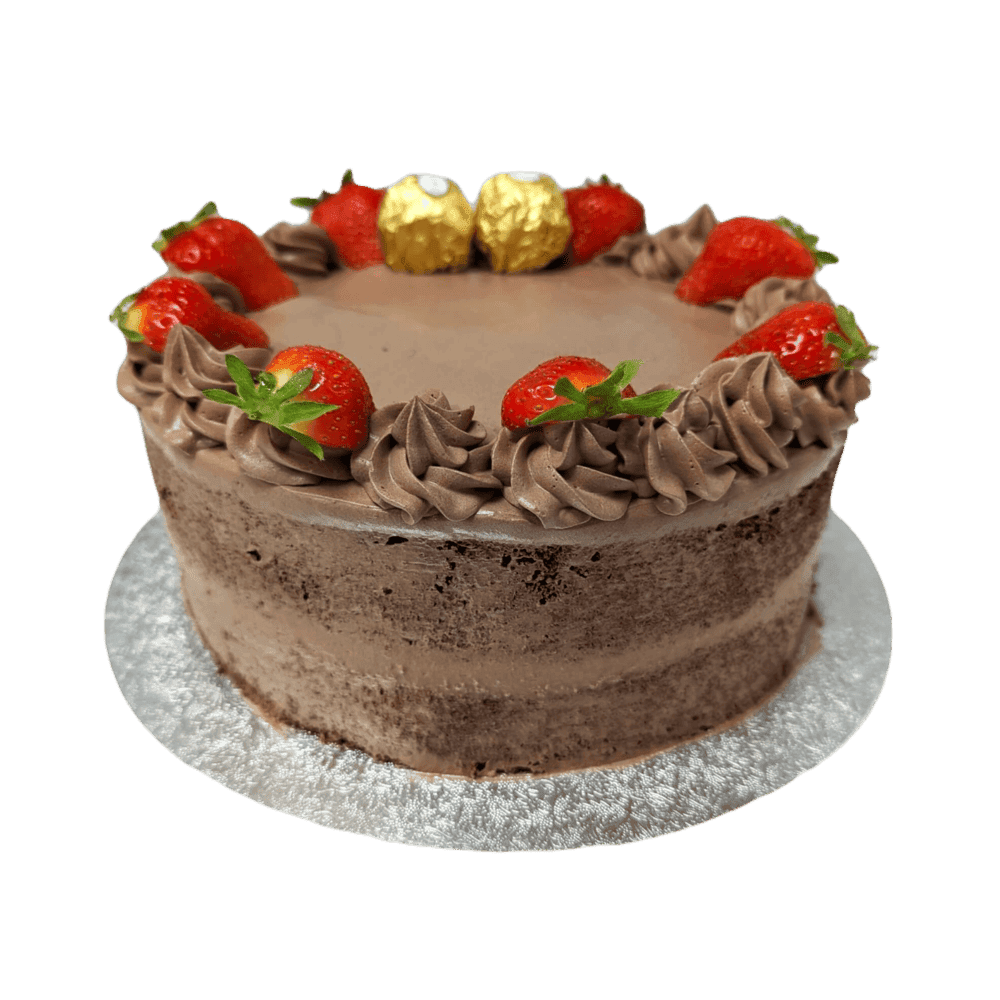 Chocolate Strawberry Ferrero Cake Egg Free Ferrero Strawberry Celebration Cake decorated with fresh strawberries, Ferrero chocolates and chocolate cream swirls.