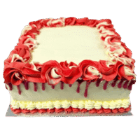 Egg Free square celebration cake with a red drip finish, red and white decorative swirls, and space for a personalised message.