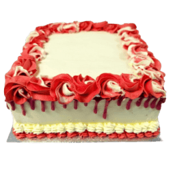 Egg Free square celebration cake with a red drip finish, red and white decorative swirls, and space for a personalised message.