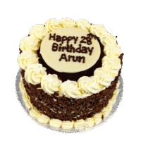 Egg Free Black Forest Celebration Cake decorated with chocolate curls, cream swirls and a personalised chocolate message plaque.