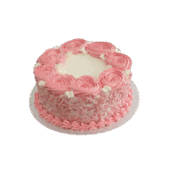 Egg Free pink rosette celebration cake with textured cream sides, pink decorative swirls and space for a personalised message.