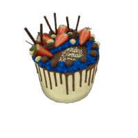 Egg Free tall chocolate drip cake decorated with fresh strawberries, chocolate sticks, chocolate pieces, chocolate pearls and a personalised message.