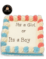 It's a Boy or It's a Girl gender reveal cake with pink and blue decorations