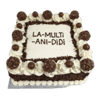 Egg Free Ferrero celebration cake decorated with Ferrero chocolates, chocolate balls, chocolate sprinkles, and a personalised message