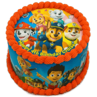 Egg Free Paw Patrol Photo Birthday Cake with vibrant edible character images, colourful cream borders and a personalised birthday message.
