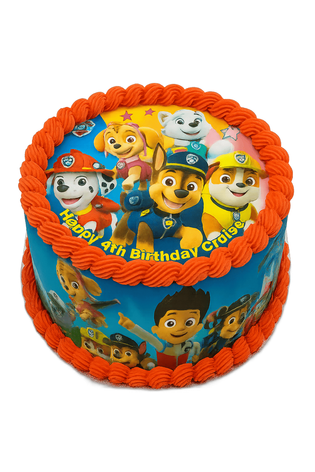 Paw Patrol Photo Birthday Cake Egg Free Paw Patrol Photo Birthday Cake with vibrant edible character images, colourful cream borders and a personalised birthday message.