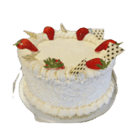 Egg Free celebration cake with white chocolate shavings, fresh strawberries, white chocolate decorations and space for a personalised message.
