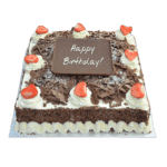 Egg Free Chocolate Strawberry Celebration Cake decorated with chocolate shavings, fresh strawberries, chocolate sprinkles and a personalised chocolate plaque.