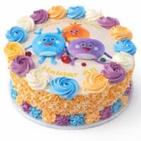 Top view of Colourful Kids Photo Birthday Cake featuring an edible cartoon character image, pastel fresh cream swirls, and personalised birthday design.