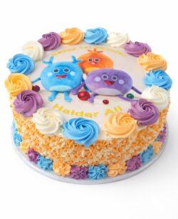 Top view of Colourful Kids Photo Birthday Cake featuring an edible cartoon character image, pastel fresh cream swirls, and personalised birthday design.