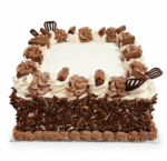 Square egg-free chocolate celebration cake decorated with fresh dairy topping, chocolate piping, premium chocolate curls covering the sides, chocolate curl pieces, decorative chocolate fans, and a large space for a personalised edible birthday message.