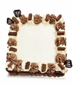 Square egg-free chocolate celebration cake decorated with fresh dairy topping, chocolate piping, premium chocolate curls covering the sides, chocolate curl pieces, decorative chocolate fans, and a large space for a personalised edible birthday message.