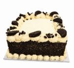Square Oreo chocolate celebration cake decorated with smooth whipped frosting, Oreo biscuit halves, crunchy Oreo cookie crumb pieces, and chocolate sprinkles covering the sides, with a smooth centre for a personalised birthday or celebration message.