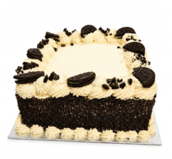 Square Oreo chocolate celebration cake decorated with smooth whipped frosting, Oreo biscuit halves, crunchy Oreo cookie crumb pieces, and chocolate sprinkles covering the sides, with a smooth centre for a personalised birthday or celebration message.