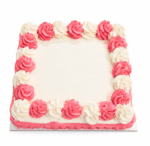 Square celebration cake with smooth white whipped frosting, pink and white piped rosettes around the border, and a large blank centre for a personalised birthday or celebration message.