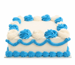 Blue and white square celebration cake with smooth vanilla cream frosting, alternating blue and white buttercream rosettes, blue wave piping around the sides, blue shell border at the base, and a large blank centre ready for a personalised edible photo or custom message.