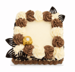 Top view of Ferrero Rocher & Mix Chocolate & White Curls Celebration Cake featuring chocolate and vanilla buttercream swirls, Ferrero Rocher chocolates, dark chocolate decorations, and a smooth centre ready for a personalised message.