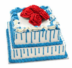 Royal Blue Drip Rose Celebration Cake with fresh cream finish and red roses by Cake Palace