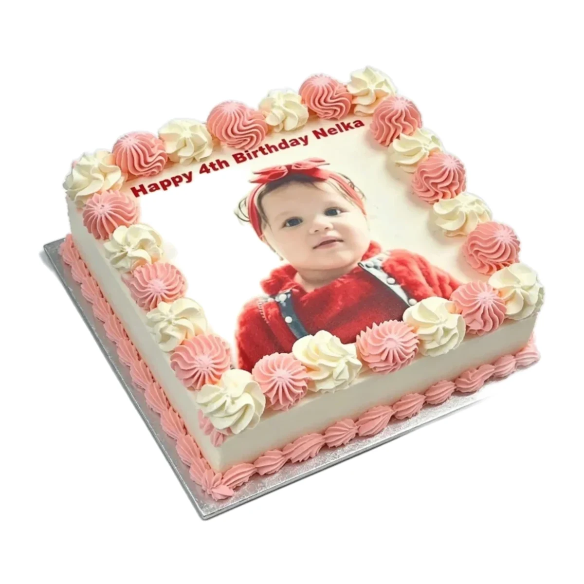 Personalised Photo Birthday Cake – Pink & White Buttercream Personalised square birthday cake with a custom edible photo printed on top, finished with pink and white piped swirls around the border, smooth white icing finish, and matching pink piped base trim. Ideal for birthdays, children's parties, anniversaries, baby celebrations, and personalised cake gifts.