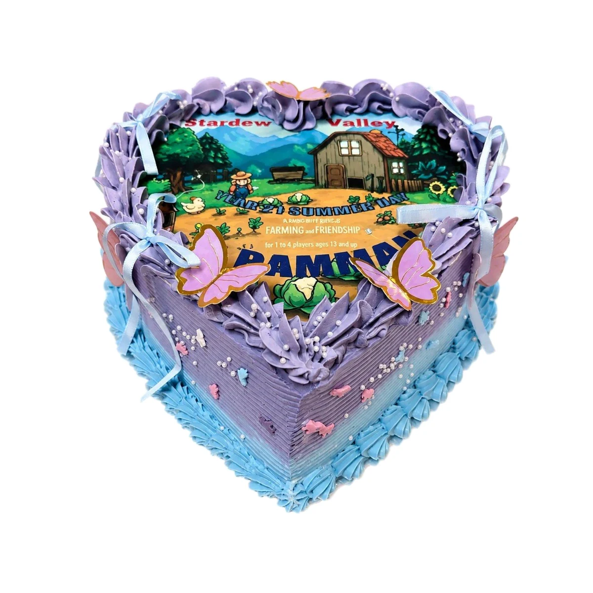 Stardew Valley Heart Celebration Cake Heart-shaped Stardew Valley celebration cake with pastel lavender fresh cream, edible game image, butterflies, ribbon bows and pearl decorations by Cake Palace.