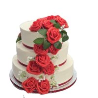 Egg Free three tier wedding cake with cascading red roses, white floral accents and elegant cream finish.