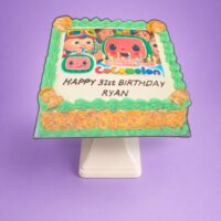 Egg Free Cocomelon Photo Birthday Cake with an edible Cocomelon image, green cream borders, rainbow sprinkle sides and a personalised message.