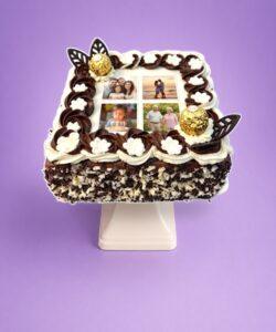 Round personalised photo celebration cake with smooth fresh cream icing, edible photo print, chocolate rosettes, Ferrero Rocher chocolates, chocolate curls and personalised message, handmade by Cake Palace UK.