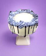 Egg Free Blue Chocolate Drip Birthday Cake with blue piping, edible pearls, birthday topper and personalised message in Sheffield