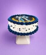 Blue Robot Photo Birthday Cake with edible robot image, navy blue fresh cream piping, white fresh cream finish, and decorative sugar pearls.