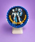 Top view of Blue Robot Photo Birthday Cake featuring an edible robot image, navy blue fresh cream border, and personalised birthday design.
